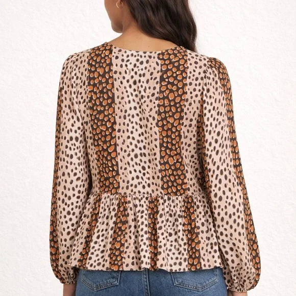 ANDREE BY UNIT - Beige and Orange Printed Peplum Blouse - Picture 2 of 6